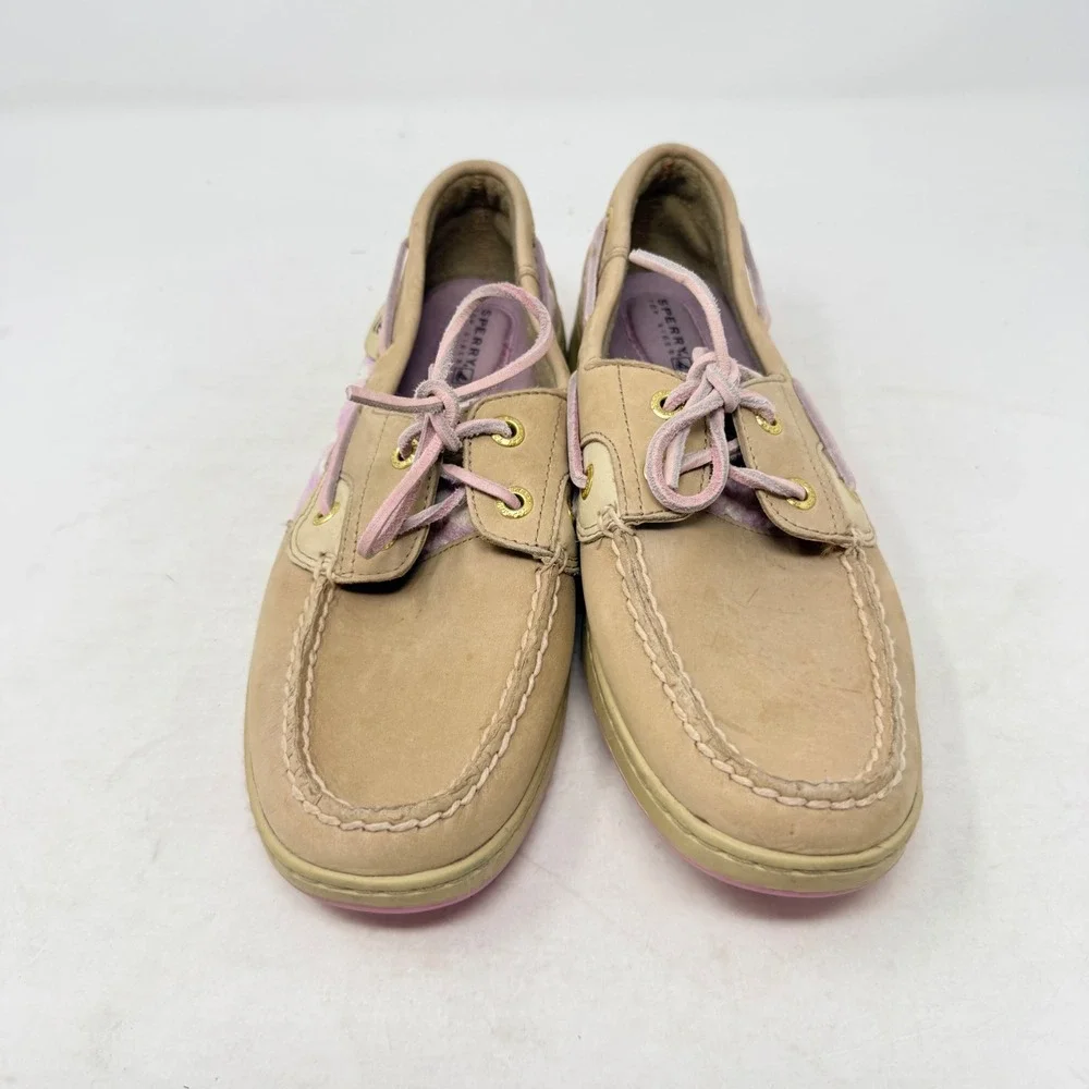 Sperry‎ Bluefish Top Sider Boat Shoes Pink Gingham Tan Leather Lace Up Size 7.5M